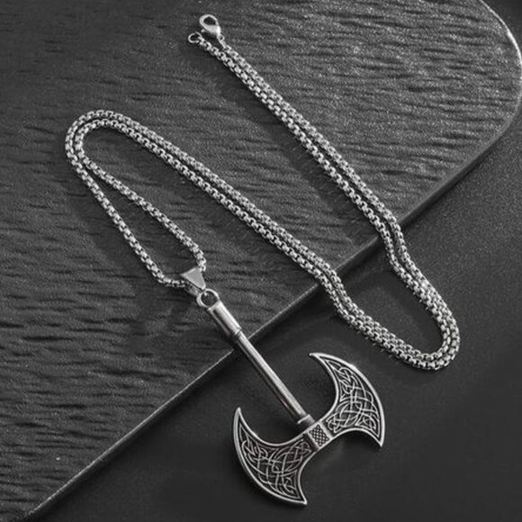 Double Sided Viking Norse Axe Necklace Stainless Steel - Picture 9 of 11